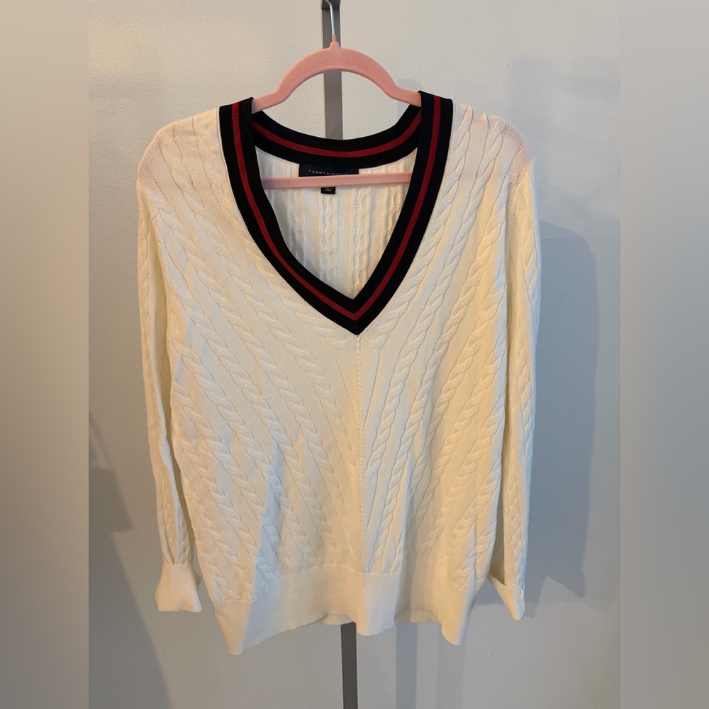 Tommy Hilfiger Cream Cable Knit V-Neck Sweater with Navy & Red Stripe Trim
